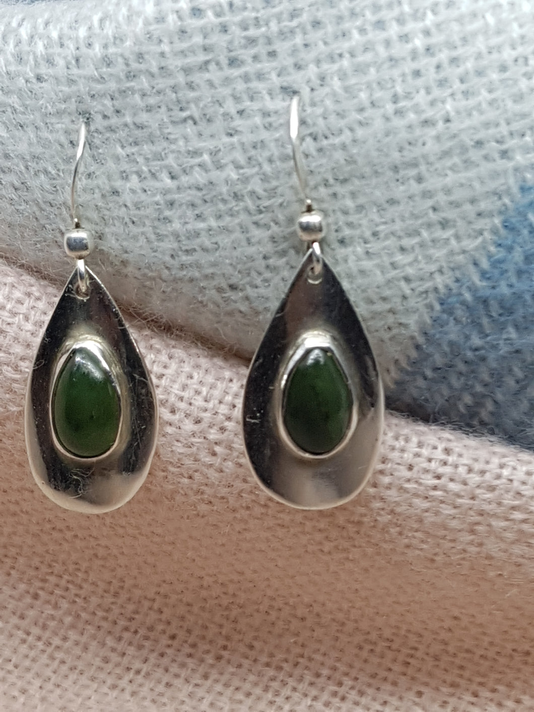 SOLD Sterling silver drop earrings set with Jade cabochon stones