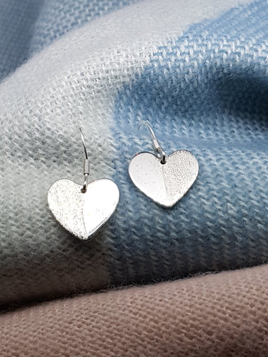 Sterling silver flat half textured heart drop earrings