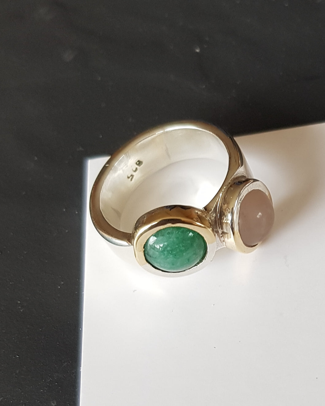 Sterling silver ring set with rose quartz & aventurine